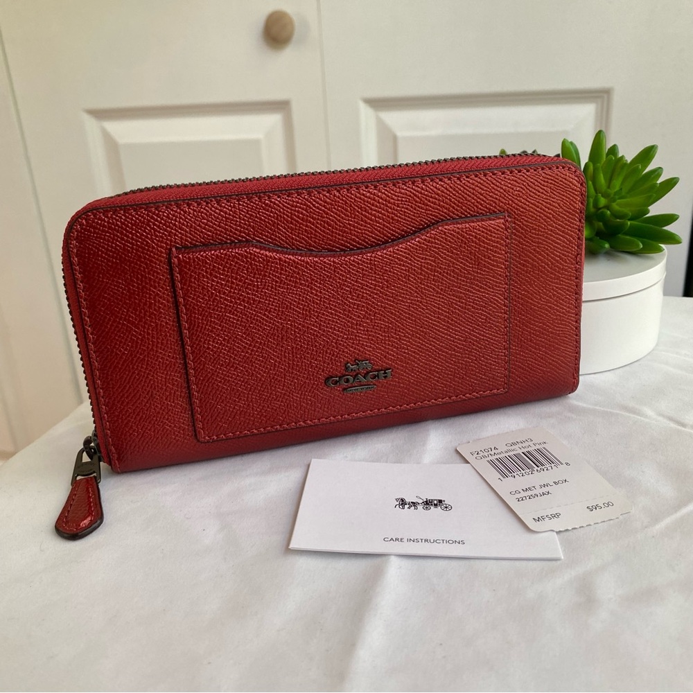 Coach Metallic Red Pink Accordian Zip Leather Wallet